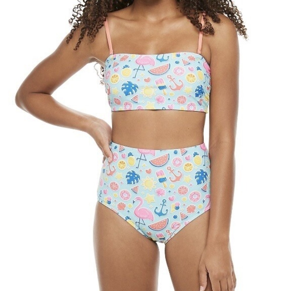 Undercurrent Juniors Print 2 Piece Convertible Bandeau Bikini Set XL Flamingos